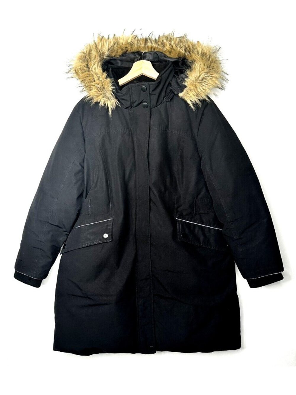 Sears Womens Down Filled Parka Coat Petite XL Black Faux Fur Hood Winter Vintage